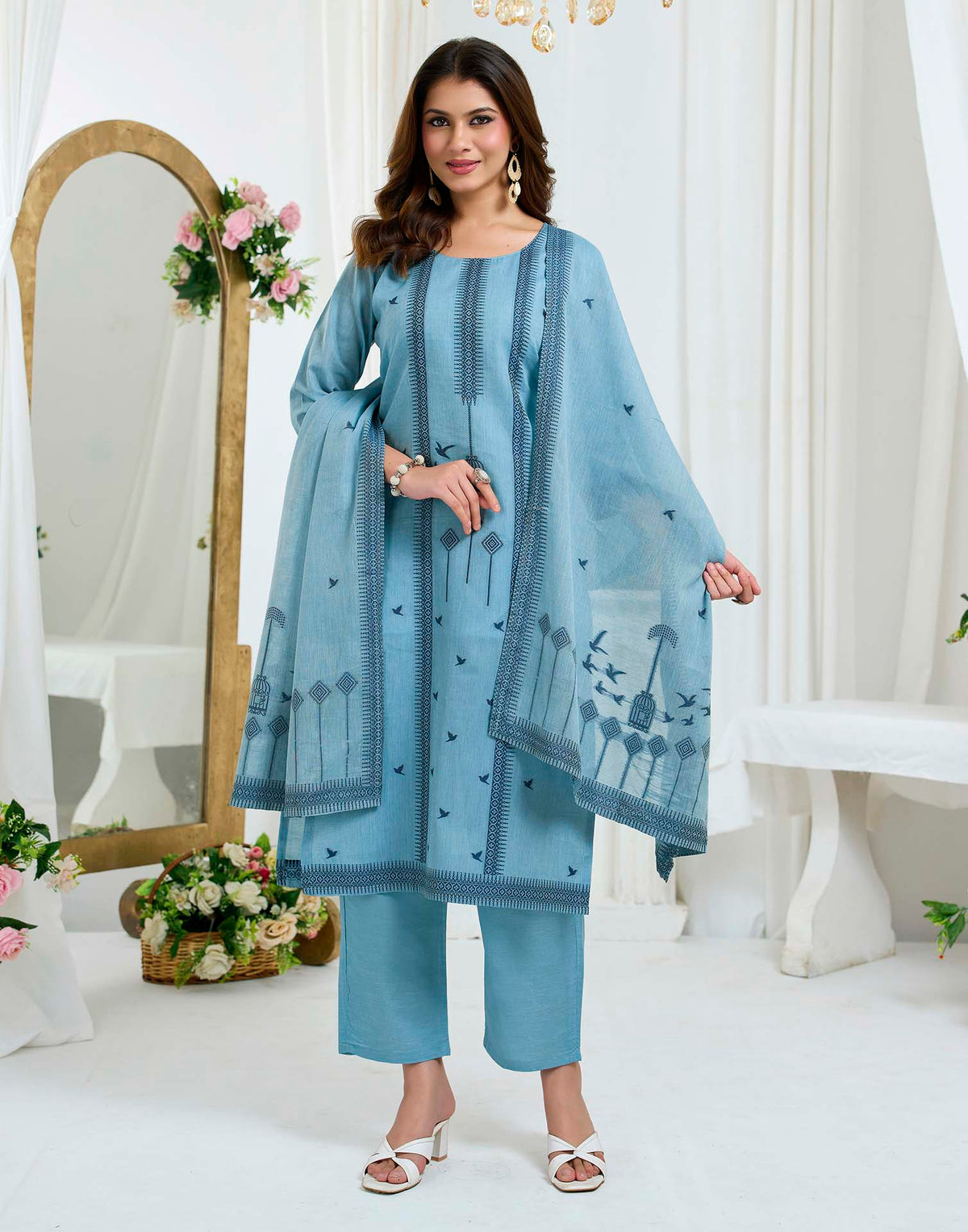 Light Blue Pure Cotton Woven Straight Kurta Set With Dupatta