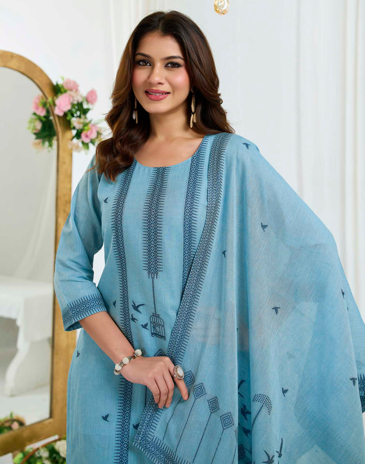 Light Blue Pure Cotton Woven Straight Kurta Set With Dupatta