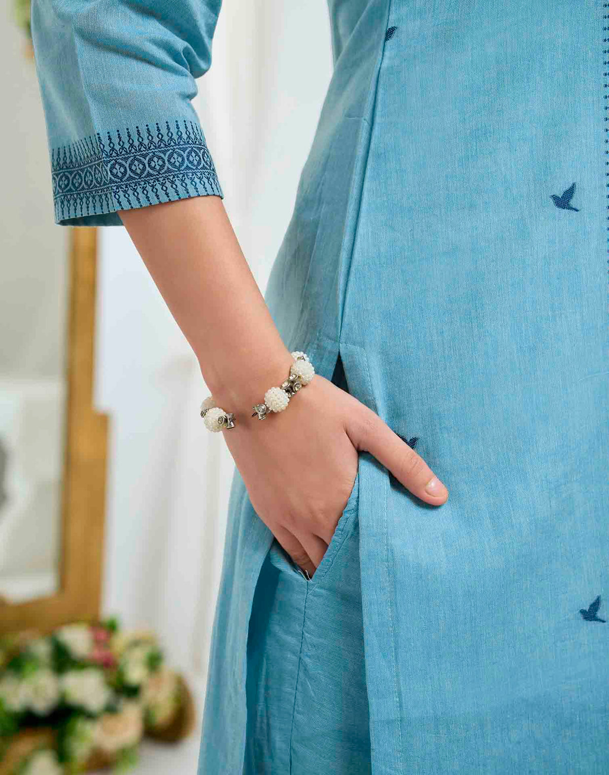 Light Blue Pure Cotton Woven Straight Kurta Set With Dupatta