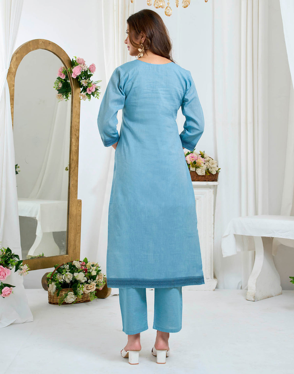 Light Blue Pure Cotton Woven Straight Kurta Set With Dupatta