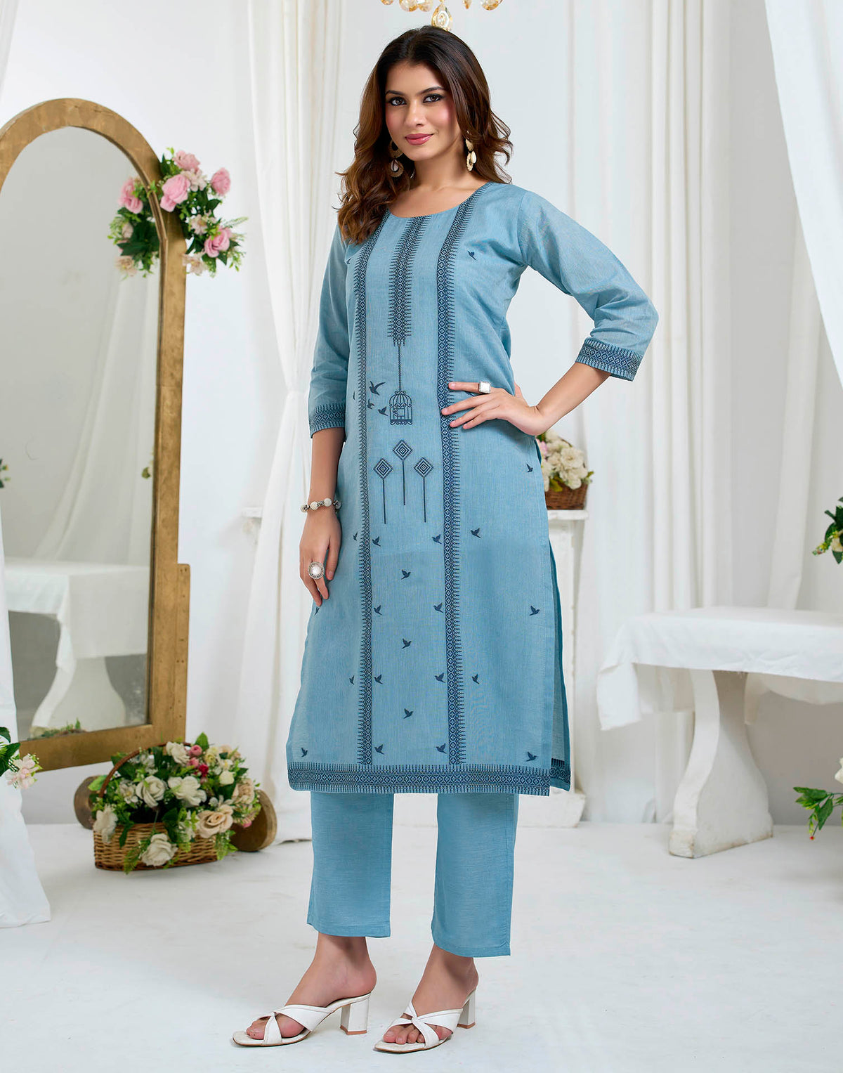 Light Blue Pure Cotton Woven Straight Kurta Set With Dupatta