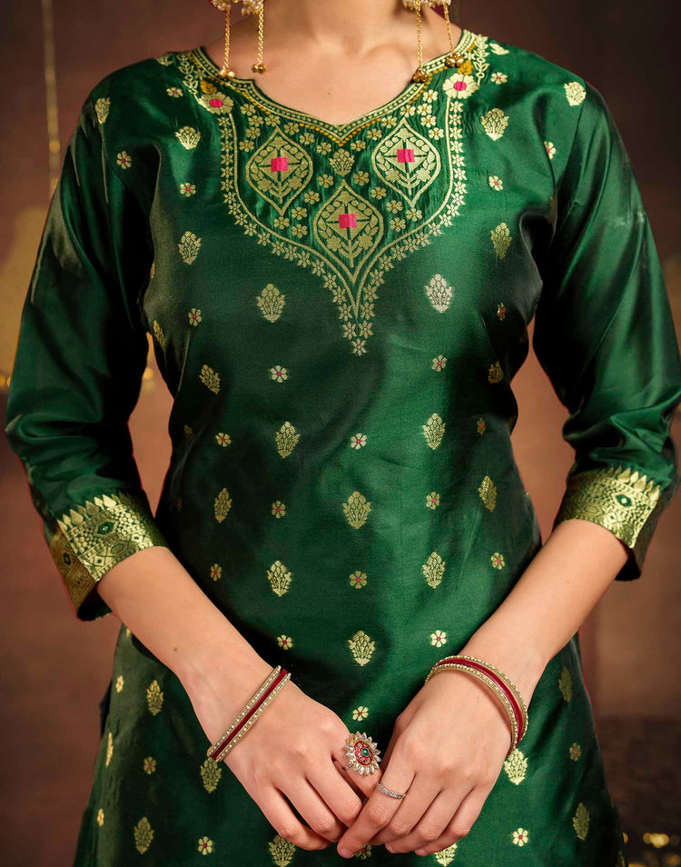 Dark Green Art Silk Woven Straight Kurta Set With Dupatta