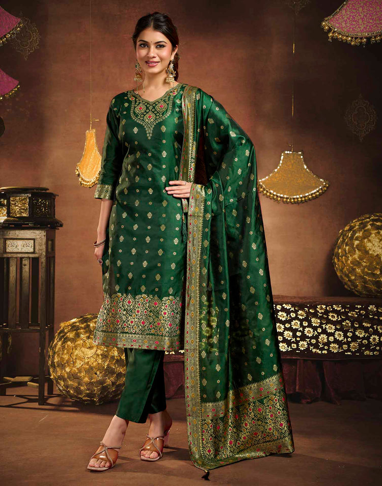 Dark Green Art Silk Woven Straight Kurta Set With Dupatta