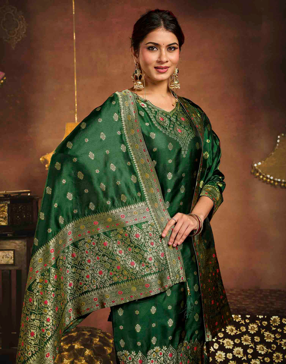 Dark Green Art Silk Woven Straight Kurta Set With Dupatta