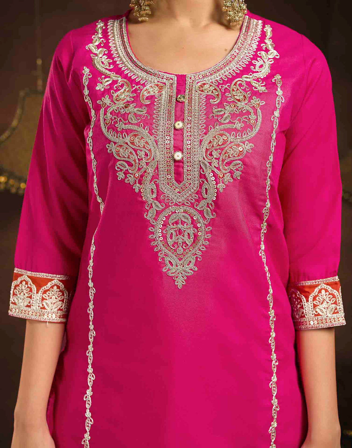 Dark Pink Rayon Slub Embroidery Straight Kurta Set With Dupatta