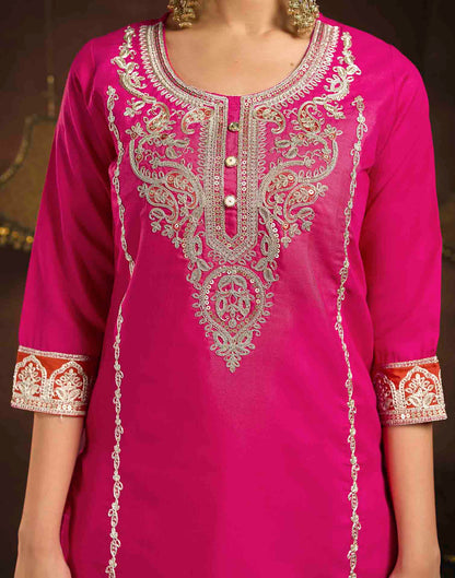 Dark Pink Rayon Slub Embroidery Straight Kurta Set With Dupatta