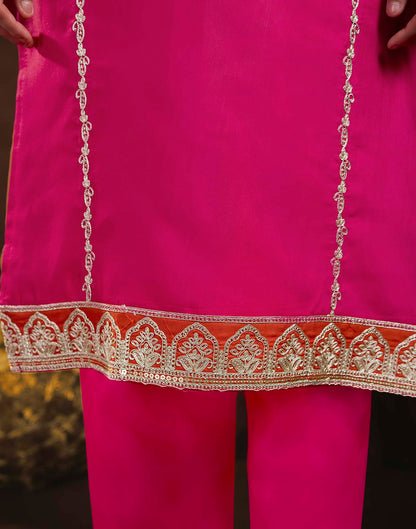 Dark Pink Rayon Slub Embroidery Straight Kurta Set With Dupatta