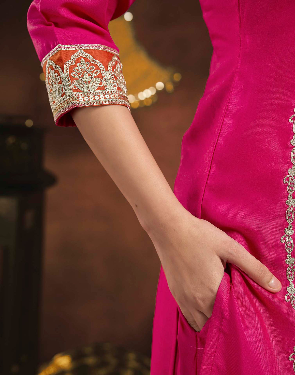 Dark Pink Rayon Slub Embroidery Straight Kurta Set With Dupatta