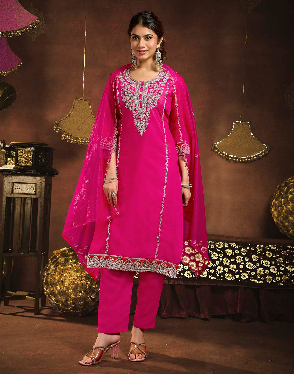 Dark Pink Rayon Slub Embroidery Straight Kurta Set With Dupatta