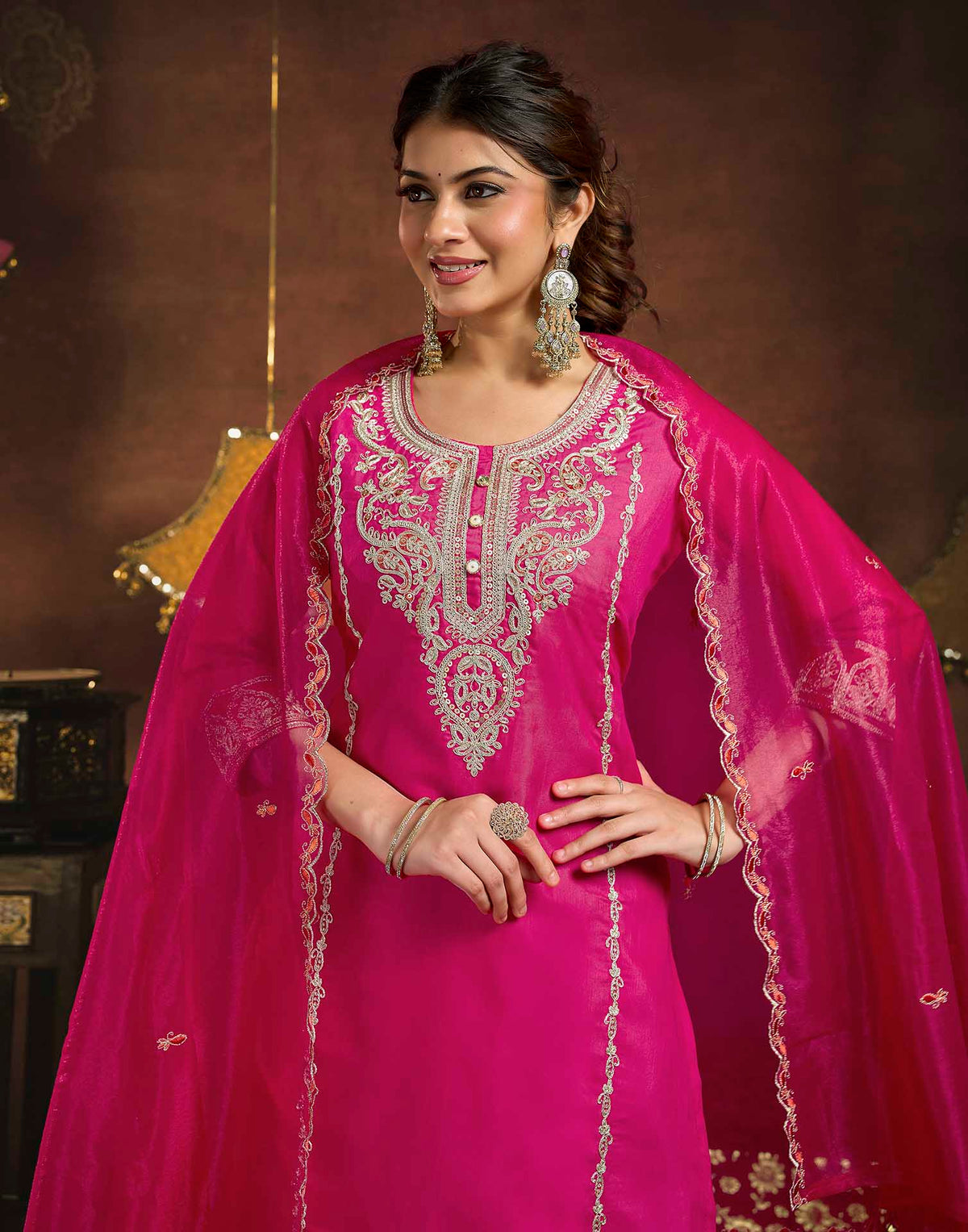 Dark Pink Rayon Slub Embroidery Straight Kurta Set With Dupatta