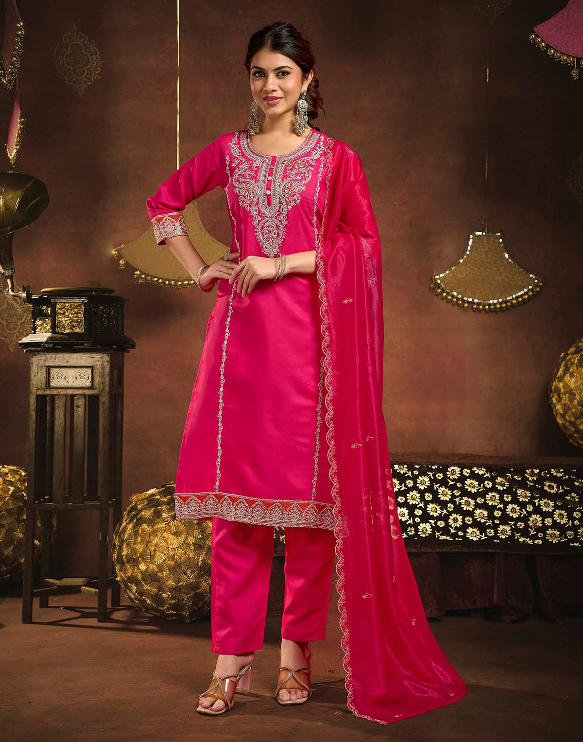 Dark Pink Rayon Slub Embroidery Straight Kurta Set With Dupatta