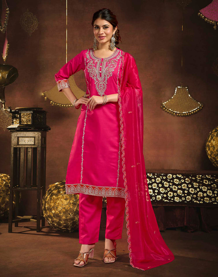 Dark Pink Rayon Slub Embroidery Straight Kurta Set With Dupatta
