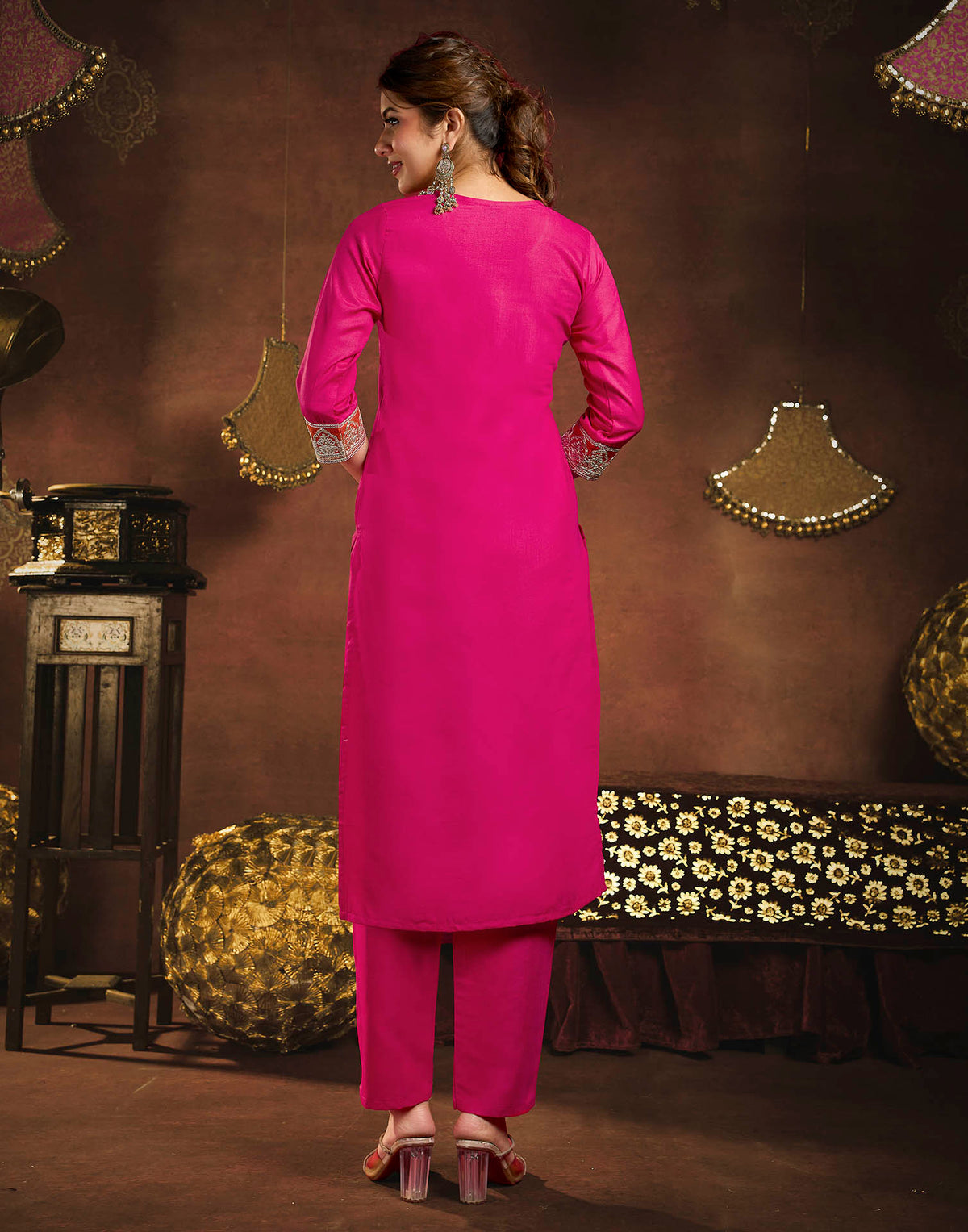 Dark Pink Rayon Slub Embroidery Straight Kurta Set With Dupatta