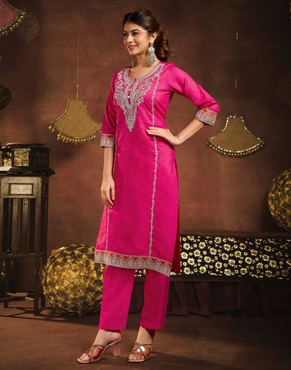 Dark Pink Rayon Slub Embroidery Straight Kurta Set With Dupatta