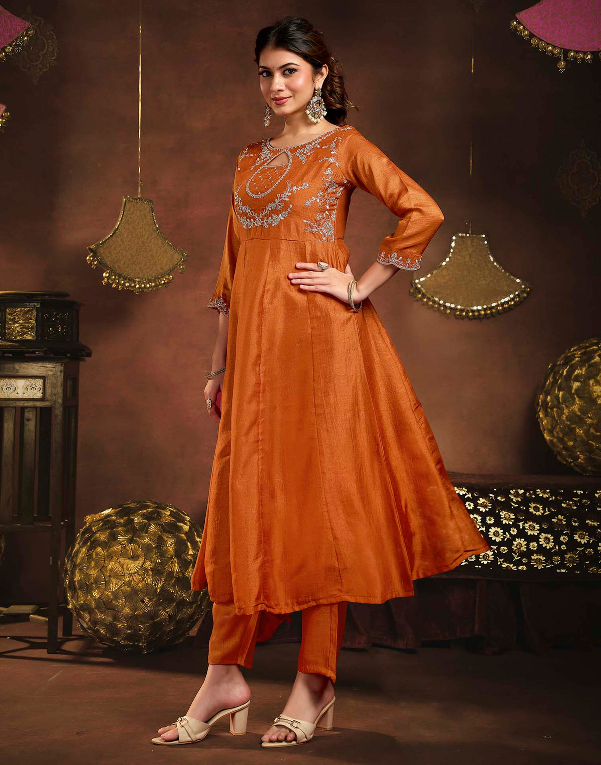 Rust Orange Vichitra Silk Embroidery A-Line Kurta Set With Dupatta