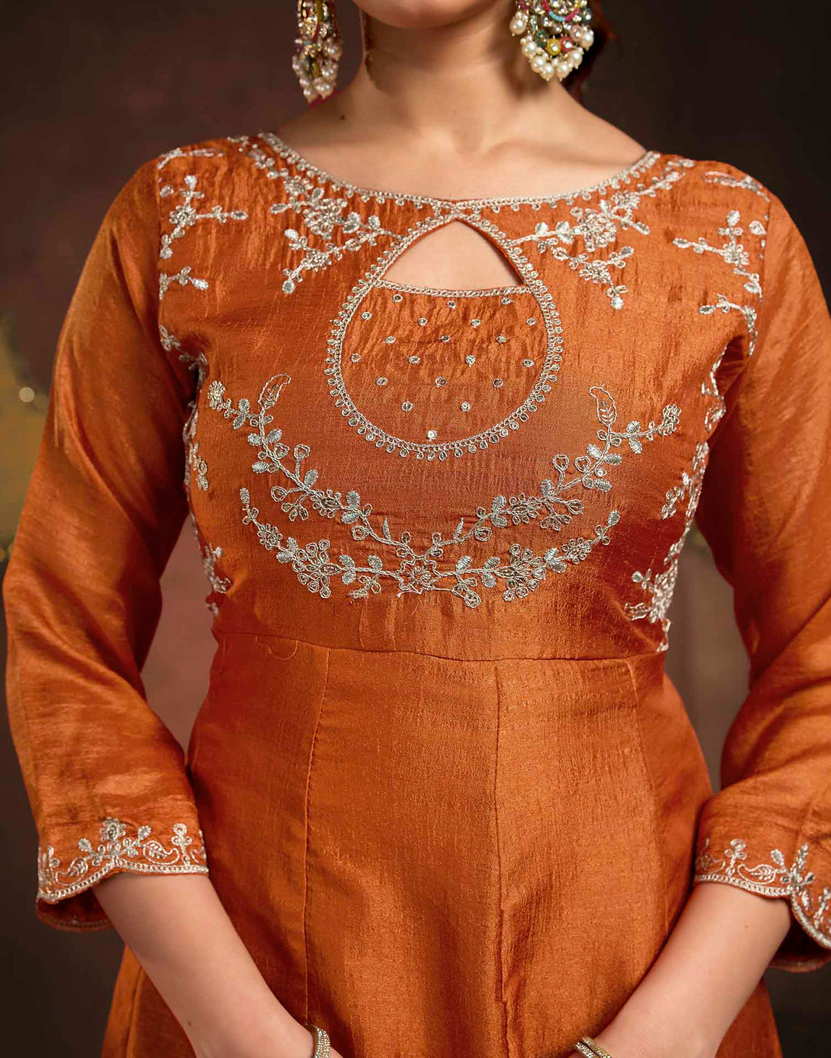Rust Orange Vichitra Silk Embroidery A-Line Kurta Set With Dupatta
