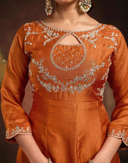 Rust Orange Vichitra Silk Embroidery A-Line Kurta Set With Dupatta