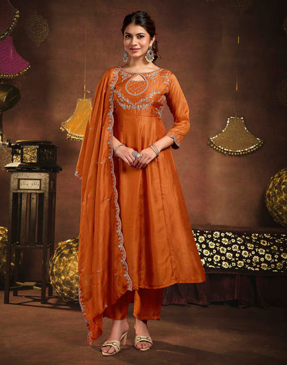 Rust Orange Vichitra Silk Embroidery A-Line Kurta Set With Dupatta
