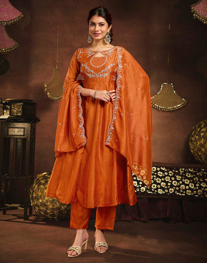 Rust Orange Vichitra Silk Embroidery A-Line Kurta Set With Dupatta