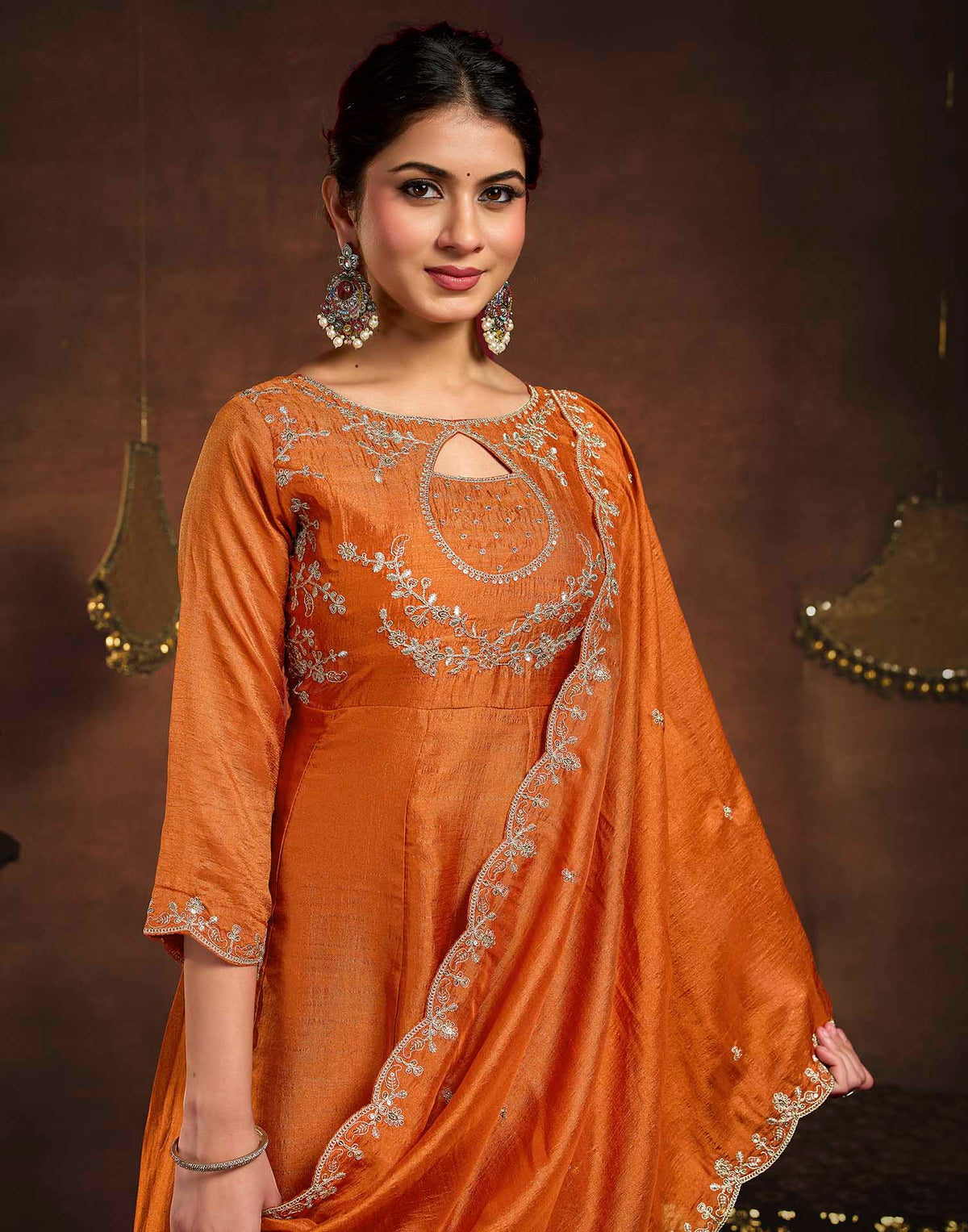 Rust Orange Vichitra Silk Embroidery A-Line Kurta Set With Dupatta