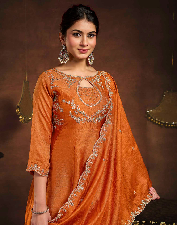 Rust Orange Vichitra Silk Embroidery A-Line Kurta Set With Dupatta