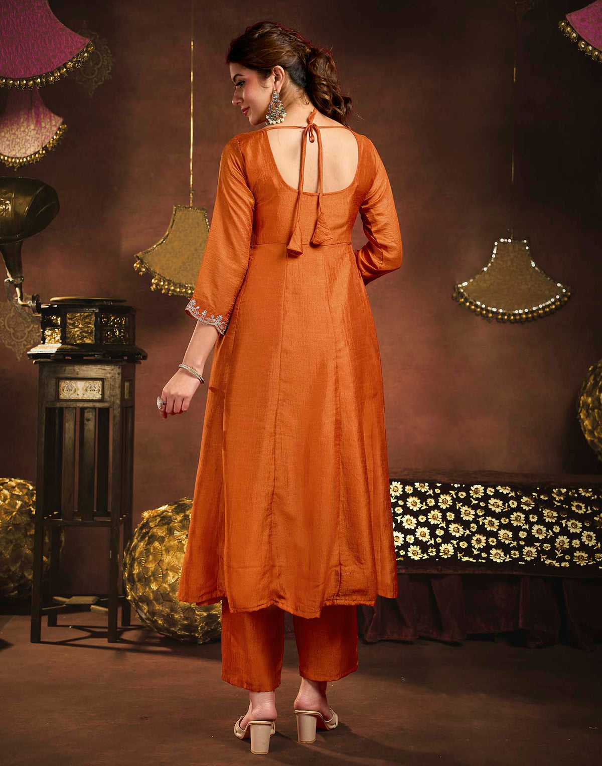 Rust Orange Vichitra Silk Embroidery A-Line Kurta Set With Dupatta