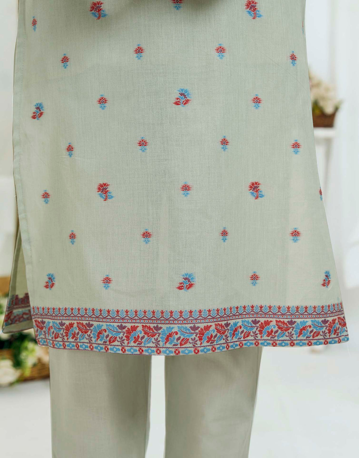 Grey Pure Cotton Woven Straight Kurta Set With Dupatta