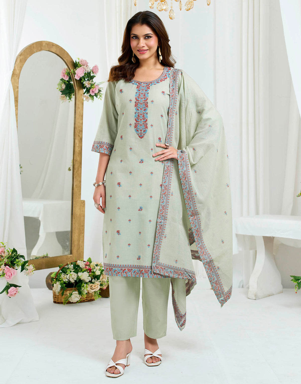 Grey Pure Cotton Woven Straight Kurta Set With Dupatta