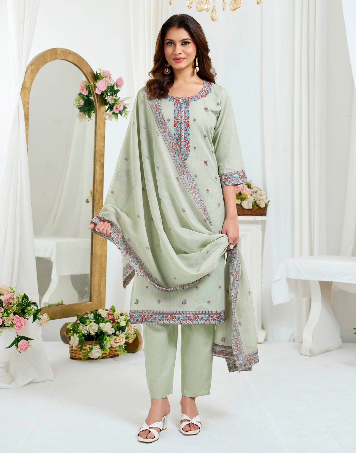 Grey Pure Cotton Woven Straight Kurta Set With Dupatta