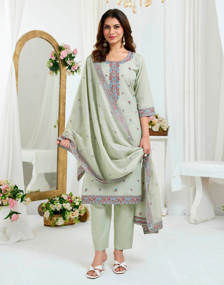 Grey Pure Cotton Woven Straight Kurta Set With Dupatta