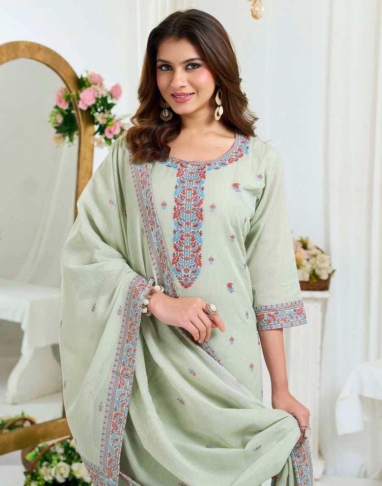 Grey Pure Cotton Woven Straight Kurta Set With Dupatta