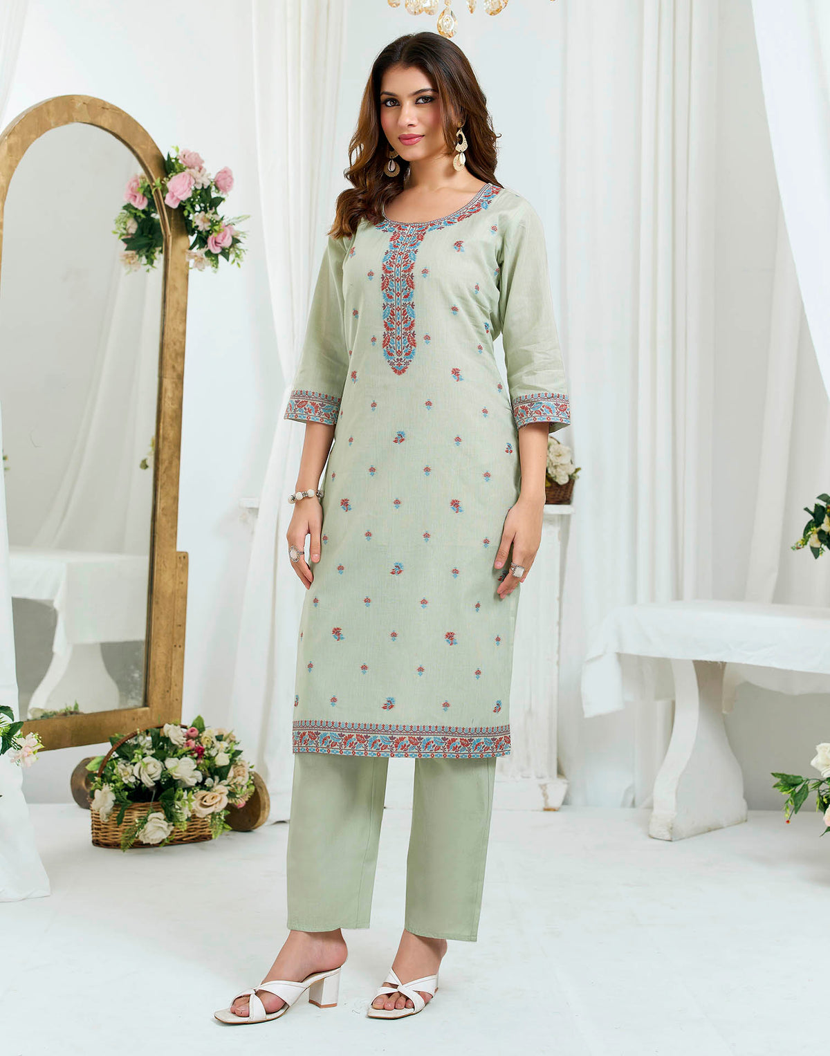 Grey Pure Cotton Woven Straight Kurta Set With Dupatta