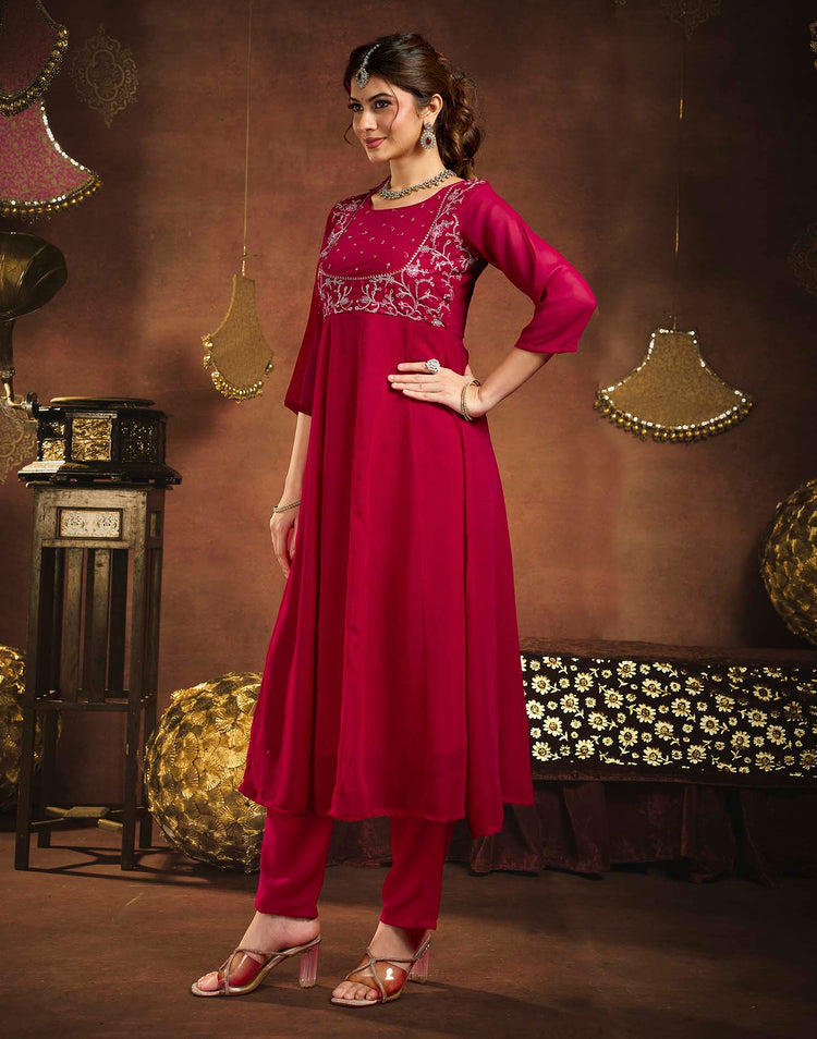 Maroon Georgette Embroidery Anarkali Kurta Set With Dupatta