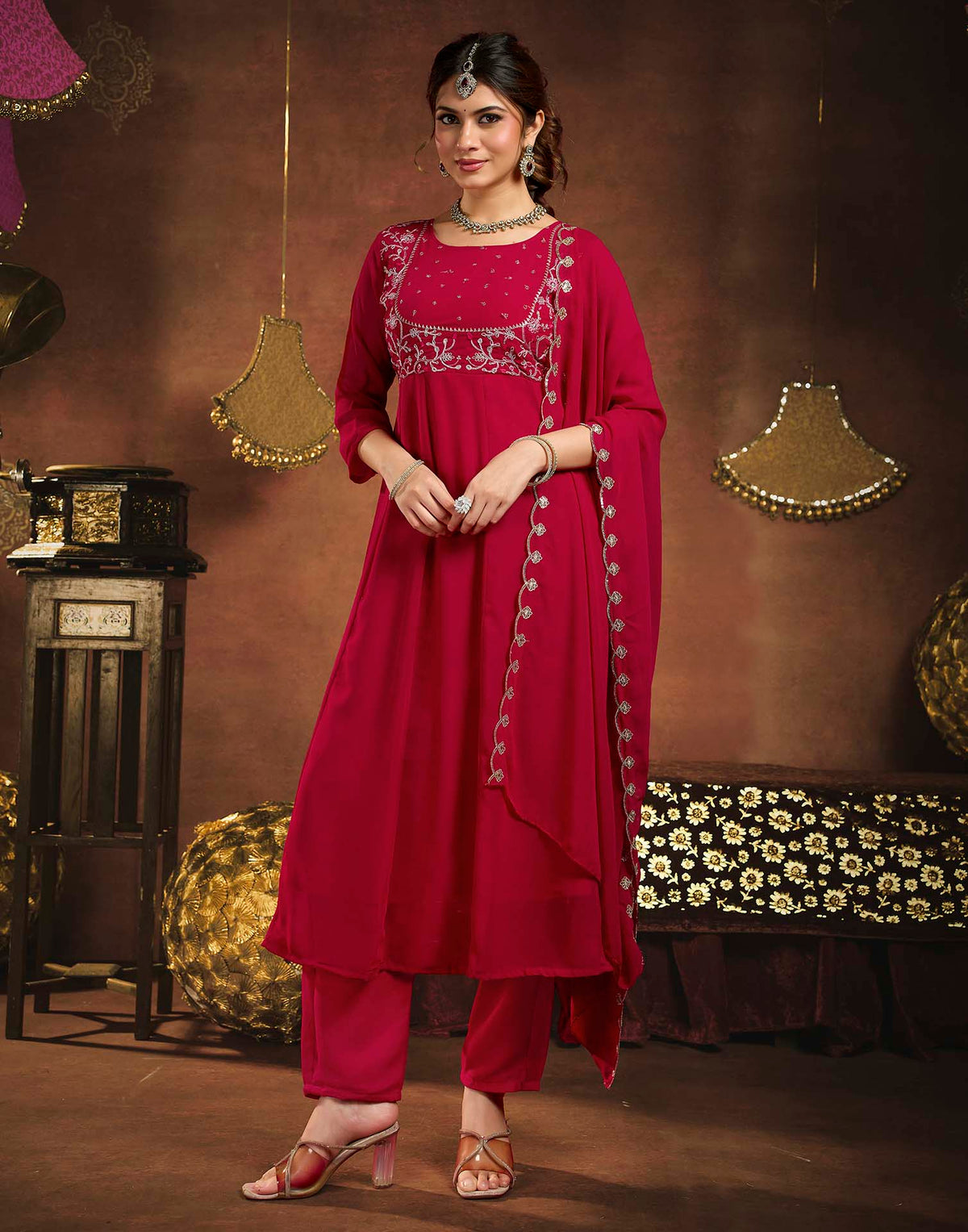 Maroon Georgette Embroidery Anarkali Kurta Set With Dupatta