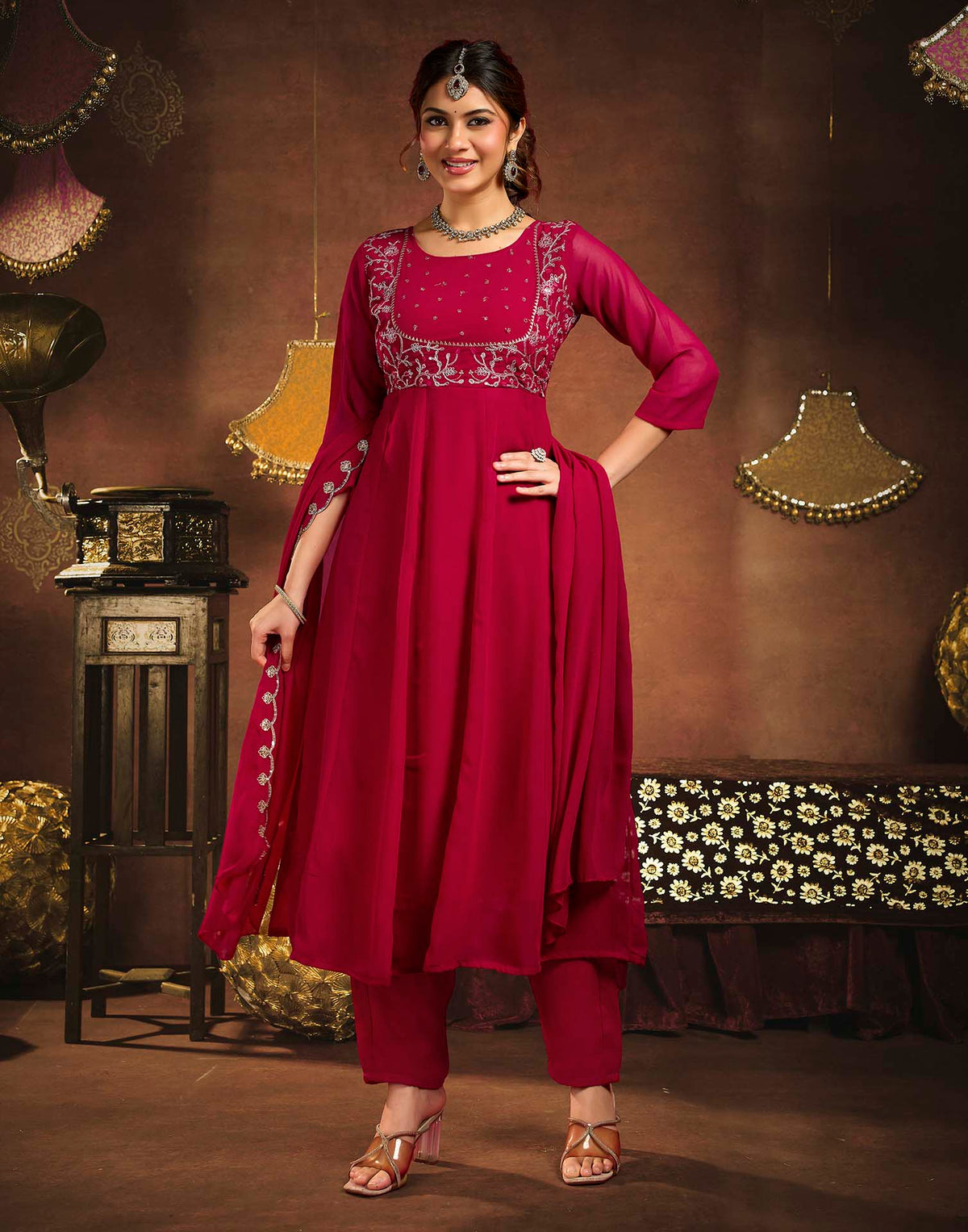 Maroon Georgette Embroidery Anarkali Kurta Set With Dupatta