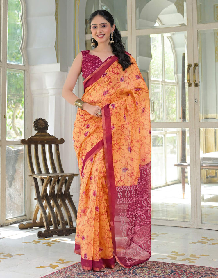 Ready To Wear Orange Cotton Linen Printed Saree