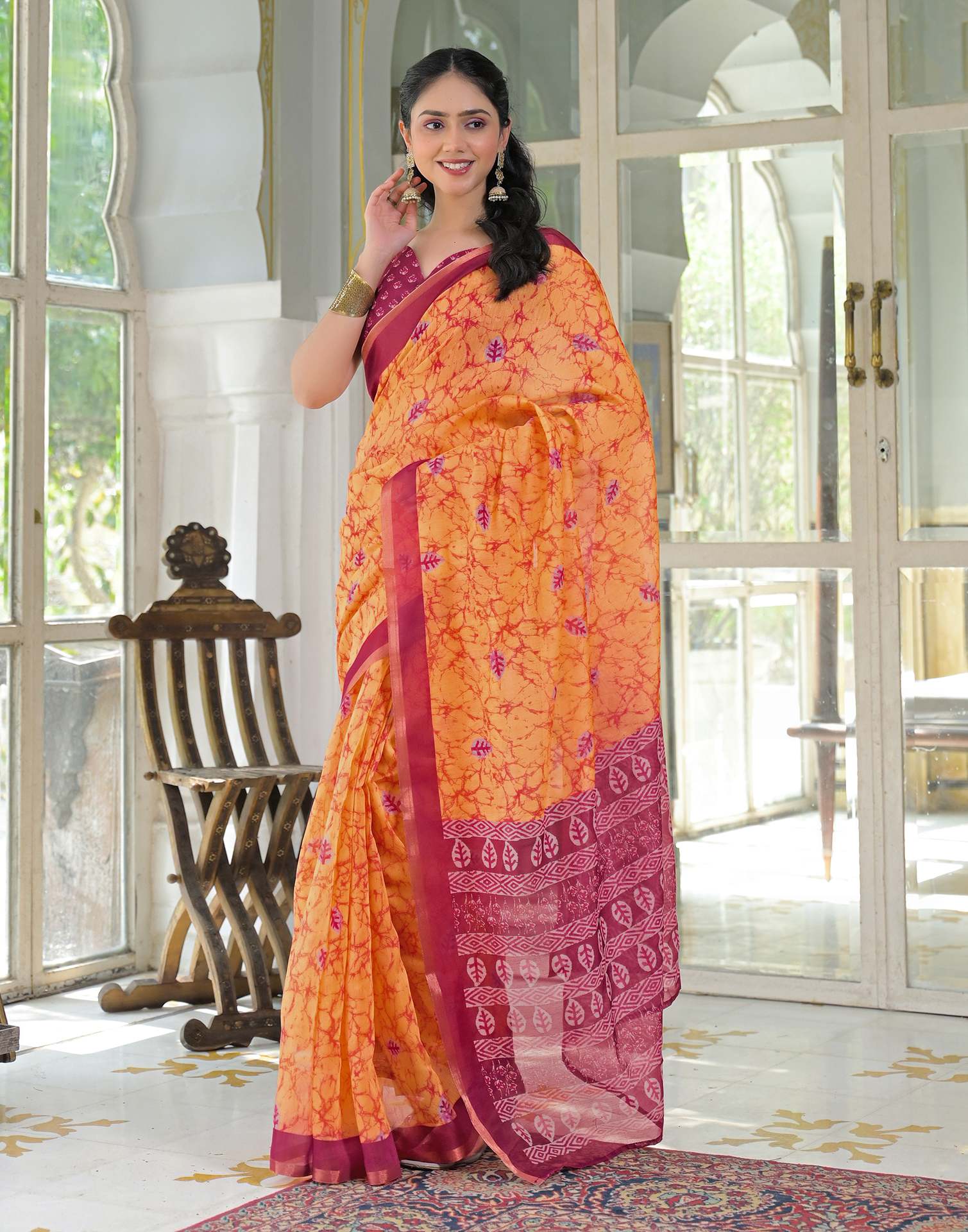 Ready To Wear Orange Cotton Linen Printed Saree