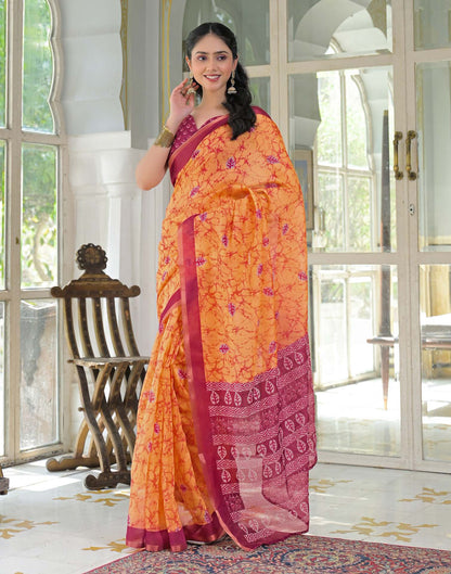 Ready To Wear Orange Cotton Linen Printed Saree