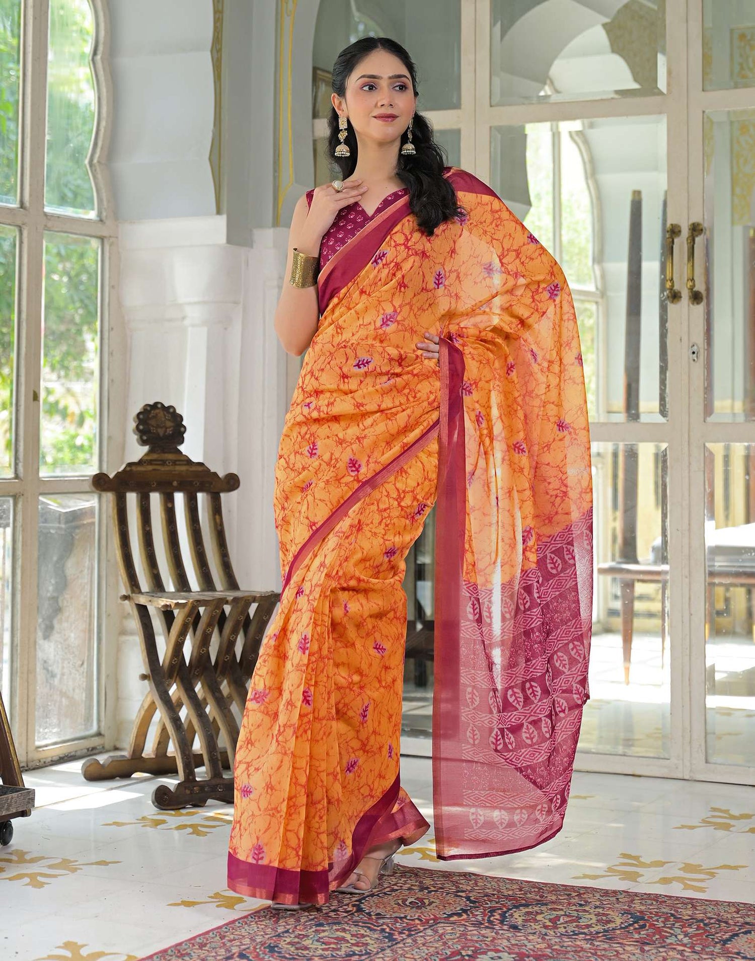 Ready To Wear Orange Cotton Linen Printed Saree