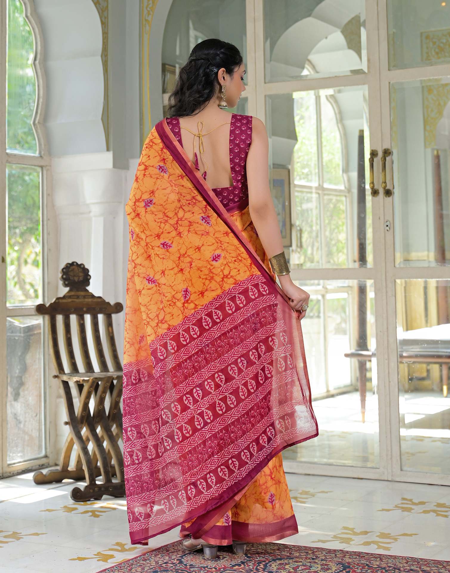 Ready To Wear Orange Cotton Linen Printed Saree