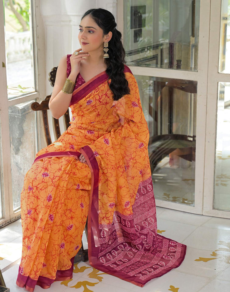 Ready To Wear Orange Cotton Linen Printed Saree