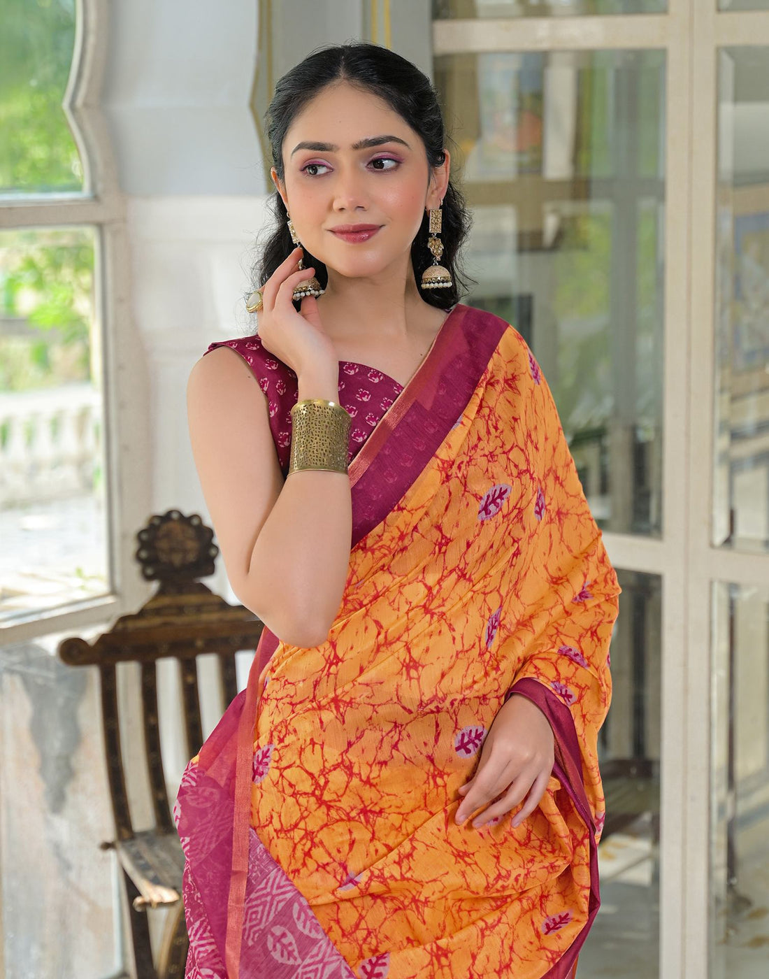 Ready To Wear Orange Cotton Linen Printed Saree