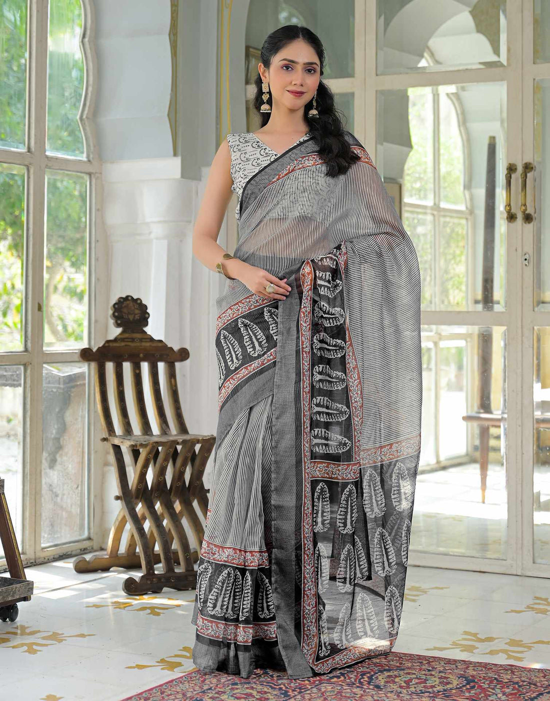 Ready To Wear Grey Linen Printed Saree