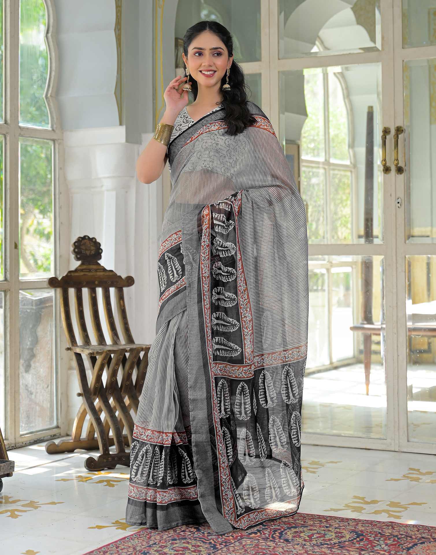 Ready To Wear Grey Linen Printed Saree