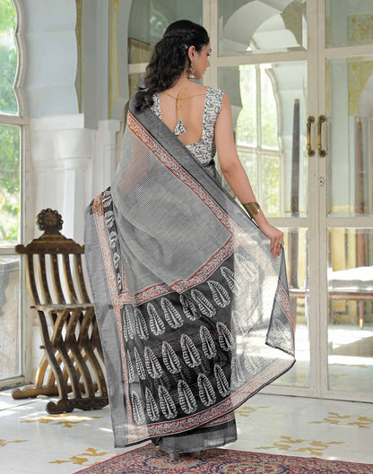 Ready To Wear Grey Linen Printed Saree