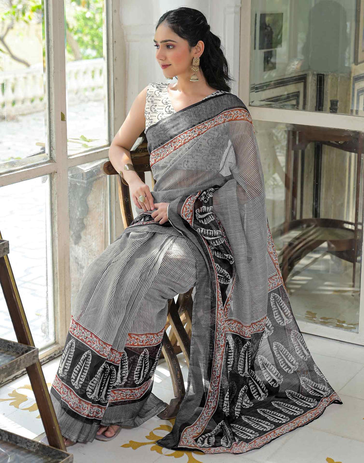 Ready To Wear Grey Linen Printed Saree