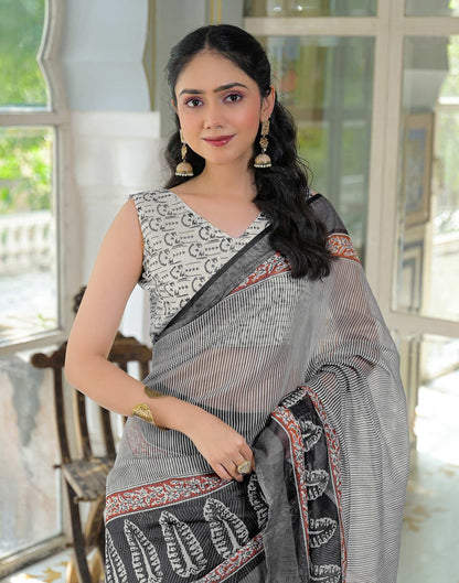 Ready To Wear Grey Linen Printed Saree