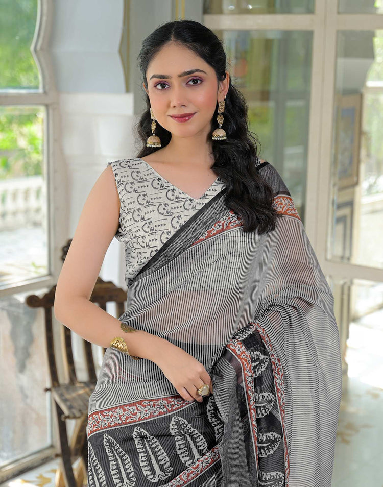 Ready To Wear Grey Linen Printed Saree