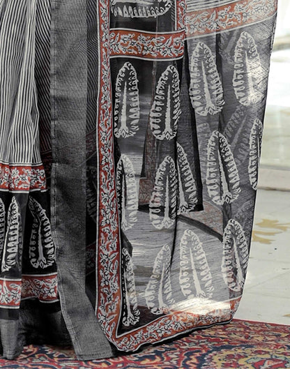 Ready To Wear Grey Linen Printed Saree