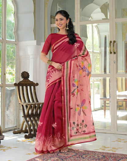 Ready To Wear Red Cotton Linen Printed Saree